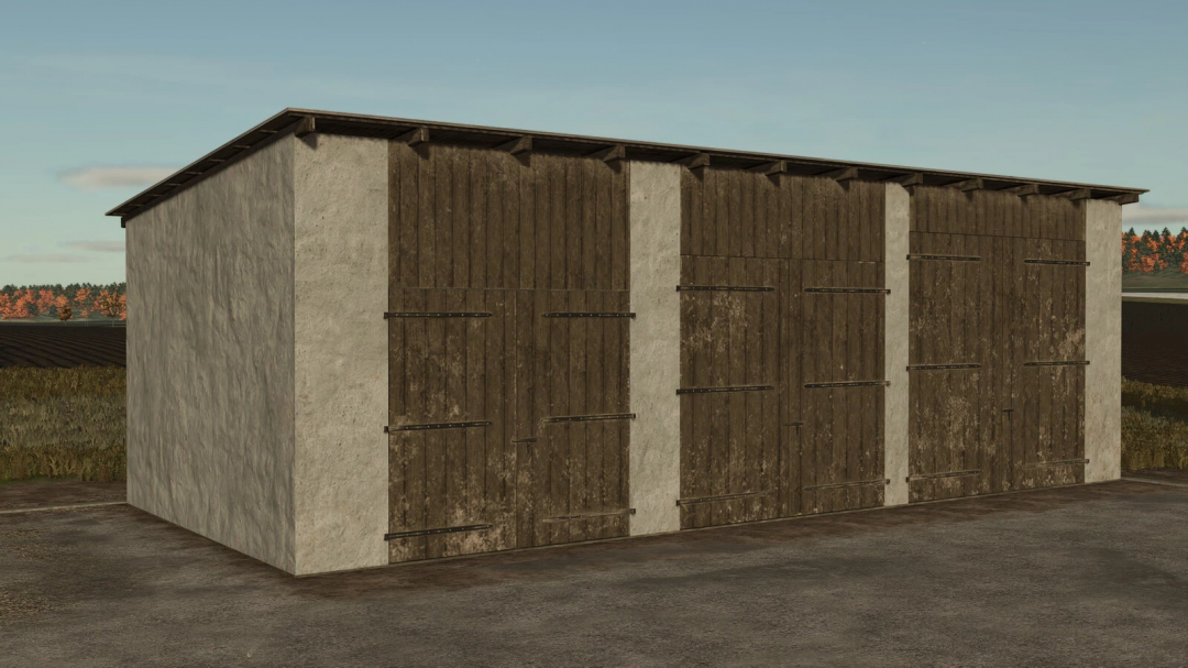 Medium Garage mod for Farming Simulator 25 featuring a wooden structure with large doors against a rural backdrop.