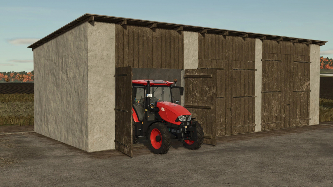 Medium Garage v1.0.0.0 mod for FS25 showing a red tractor partially inside the garage.