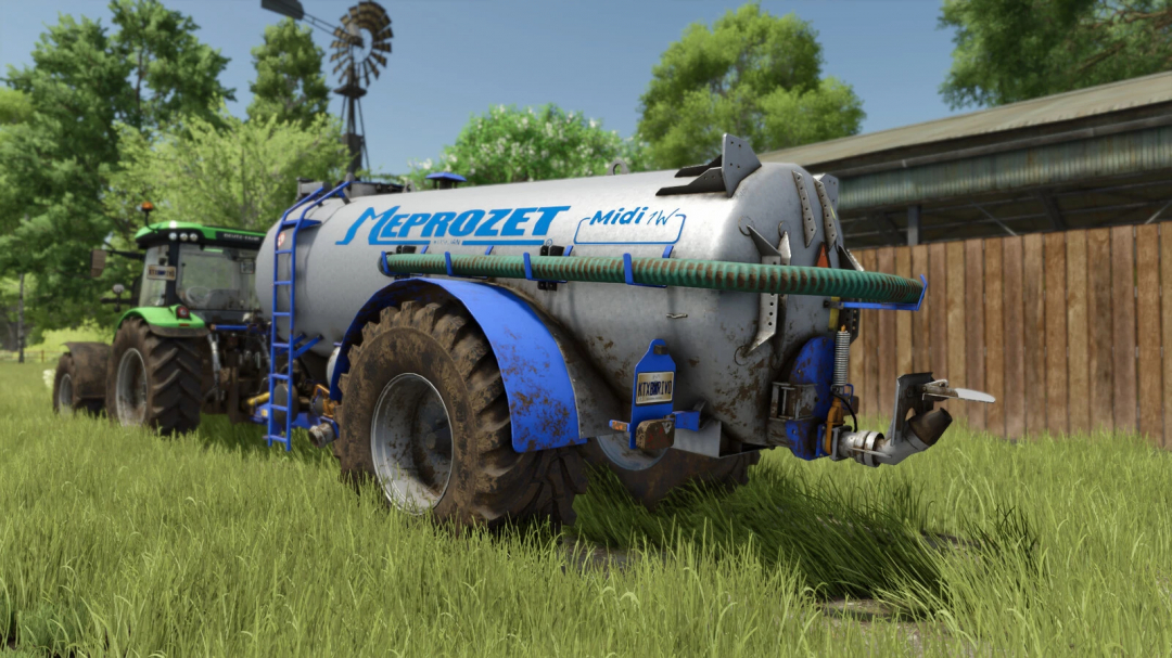 FS25 mod Meprozet PN-100 v1.0.0.0, a blue liquid tank attached to a tractor in Farming Simulator 25.