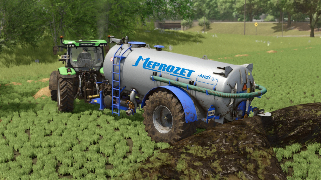 FS25 mod Meprozet PN-100 v1.0.0.0 shown in a field attached to a tractor.