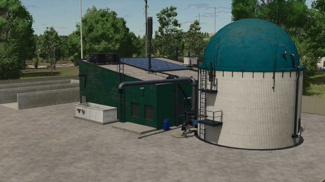 FS25 mod Mini Biogas Plant v1.0.0.0 features a green facility with a dome and solar panels, set in a rural landscape.