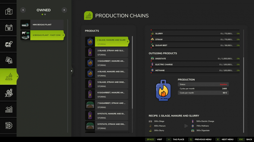 FS25 Mini Biogas Plant v1.0.0.0 mod interface showing production chain options and product details.