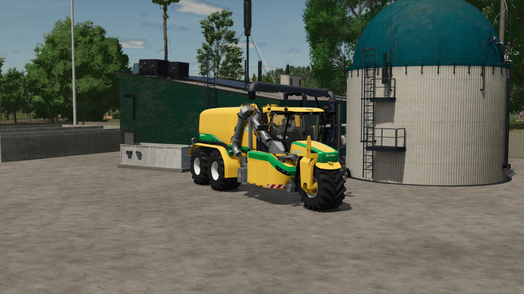 Mini Biogas Plant mod in FS25 showing machinery next to biogas facility.