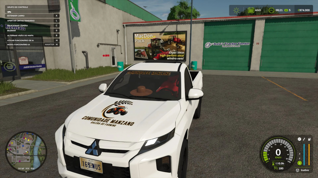 Mitsubishi L200 mod in FS25 game, showcasing customized decals parked at a tractor center.