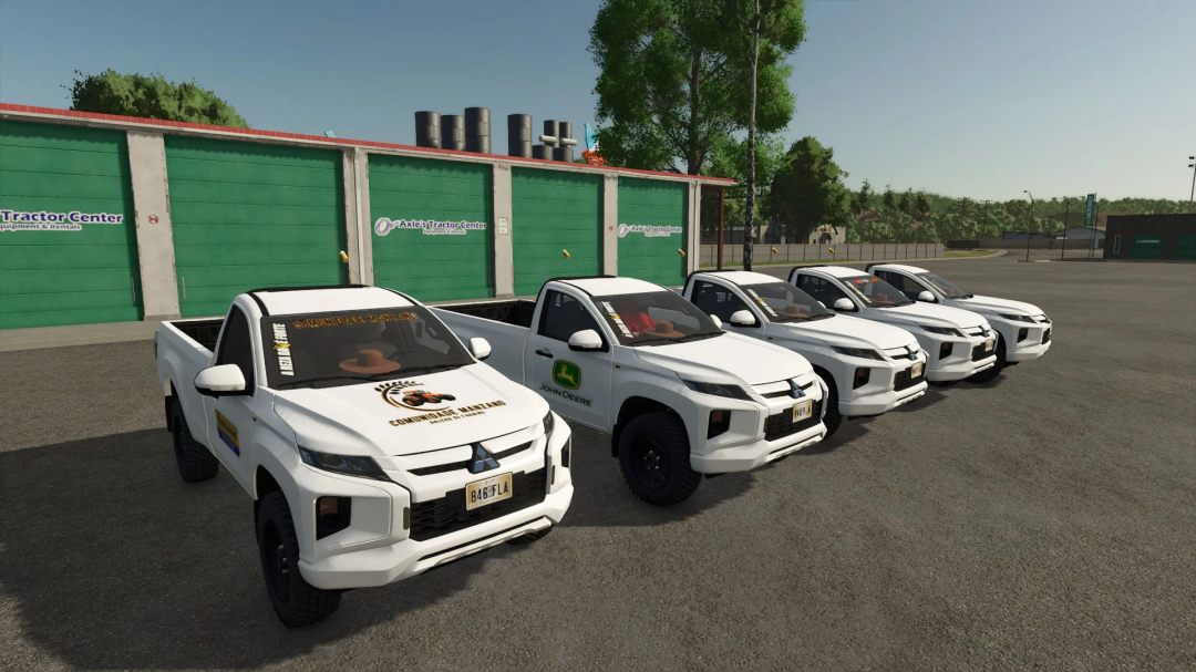 Five Mitsubishi L200 pickup trucks with modifications, parked at a Tractor Center in FS25.