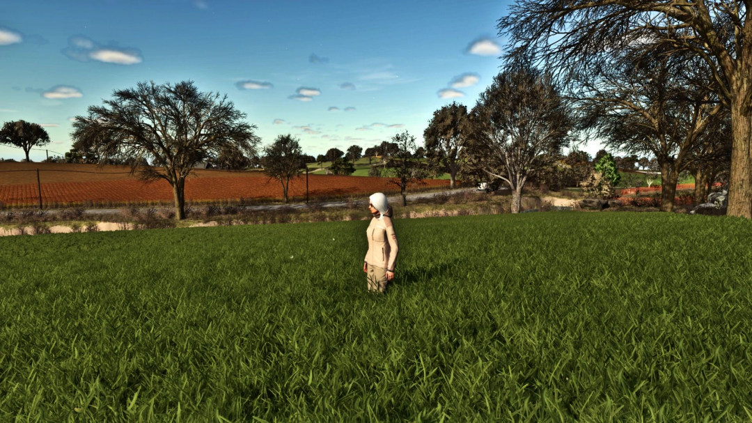 A character stands in lush green grass with trees in the background. FS25 mods, More beautiful grass v1.0.0.0.