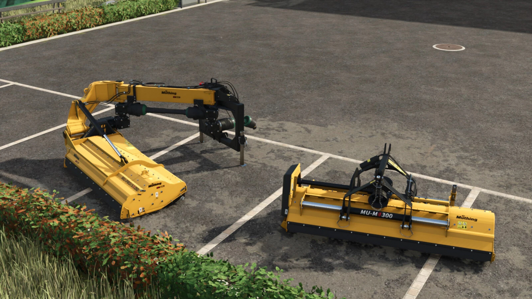 Müthing Mulcher Pack v1.0.0.0 in FS25 mods, showcasing two yellow mulchers in a parking area.