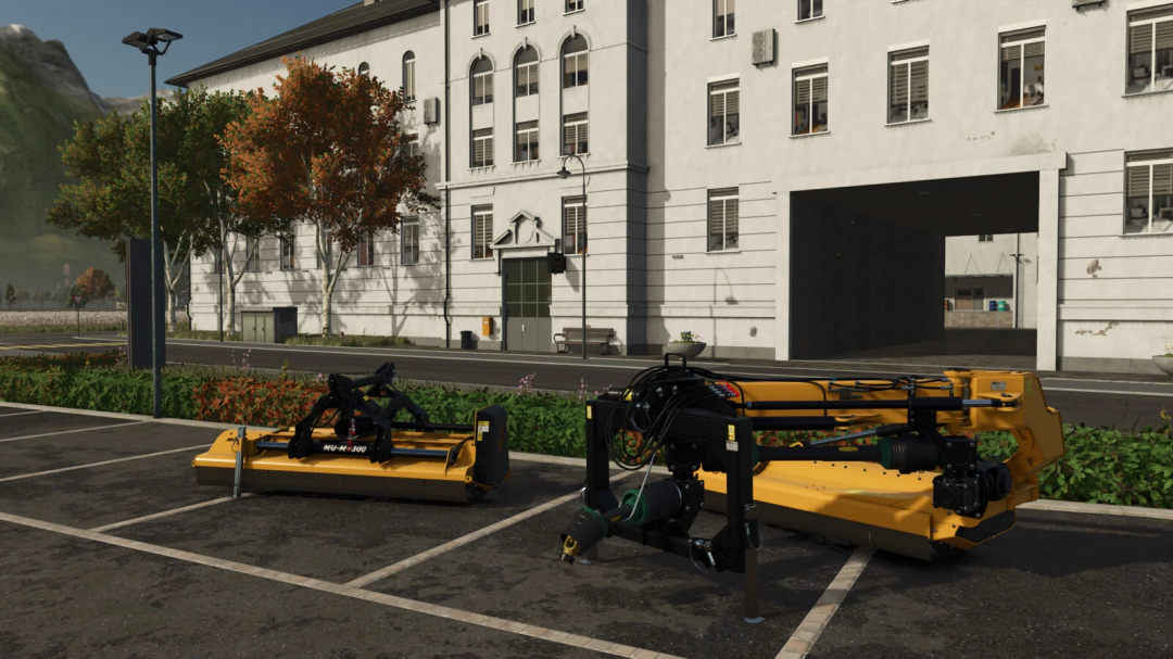 FS25 Müthing Mulcher Pack v1.0.0.0 displayed outside large building in Farming Simulator 25 mod.