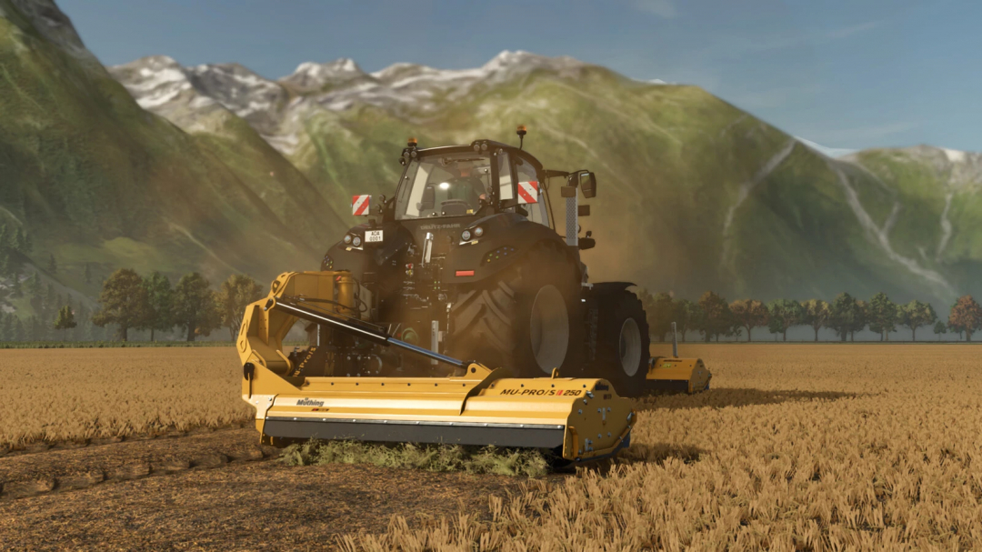 Müthing Mulcher Pack v1.0.0.0 mod for FS25 showcasing a tractor with a mulcher on a field with mountain backdrop.