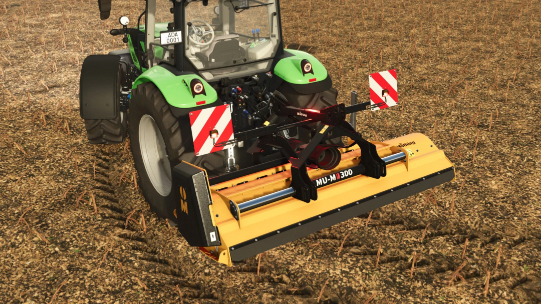 FS25 mod Müthing Mulcher Pack v1.0.0.0 showing a tractor with a yellow mulcher in a field.