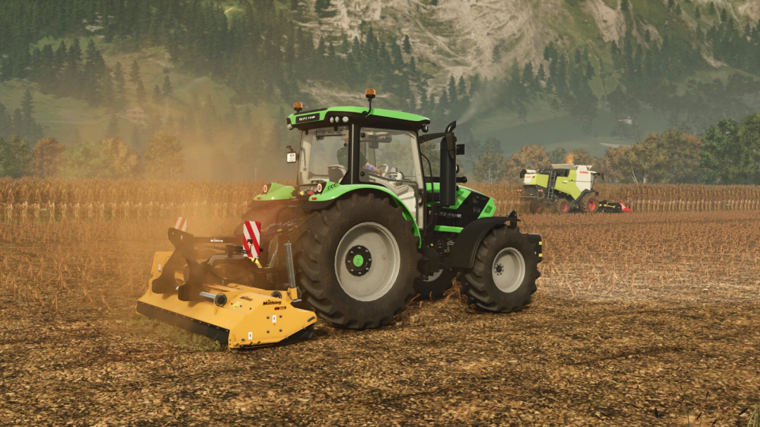 Tractor using Müthing Mulcher in FS25 mod, Farming Simulator 25 countryside.