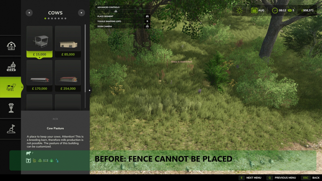 FS25 No Restricted Fences mod showing building menu and restricted area warning.