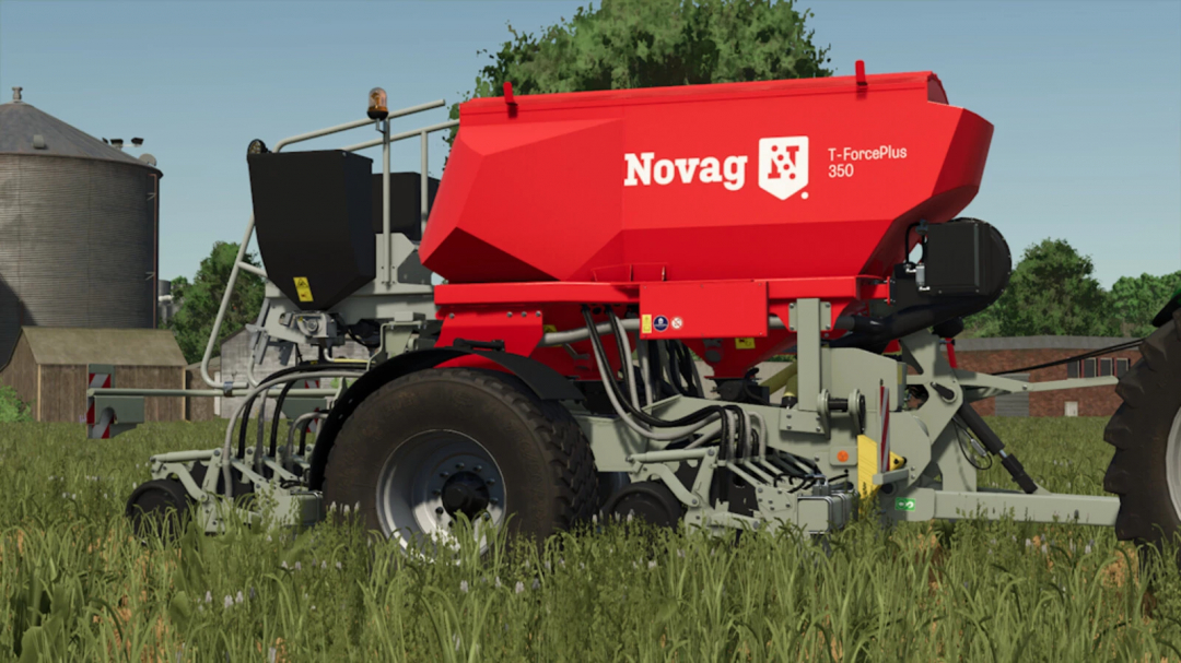 Novag T-Force Plus 350 mod for FS25, showcasing a red seeder in a farm setting.