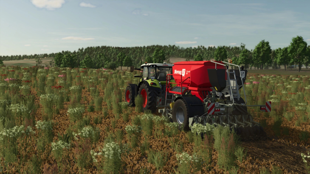 FS25 mod Novag T-Force Plus 350 cultivating a field with tractor in Farming Simulator 25.