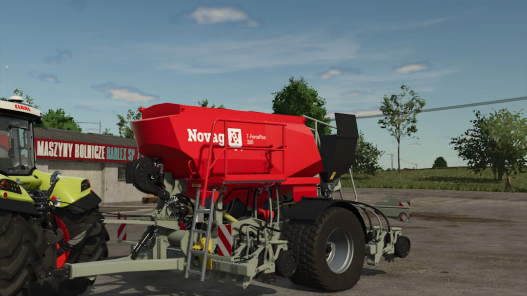 FS25 mod Novag T-Force Plus 350 v1.0.0.0 in a farm setting next to a tractor.