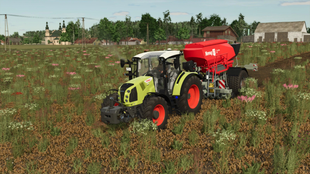 FS25 mod Novag T-Force Plus 350 v1.0.0.0 in field, Farming Simulator 25 tractor with red seeder on rural landscape.