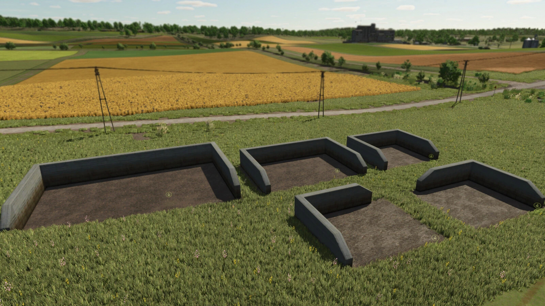 FS25 mod Old Manure Heap v1.0.0.0 featuring concrete manure storage in a rural field setting.