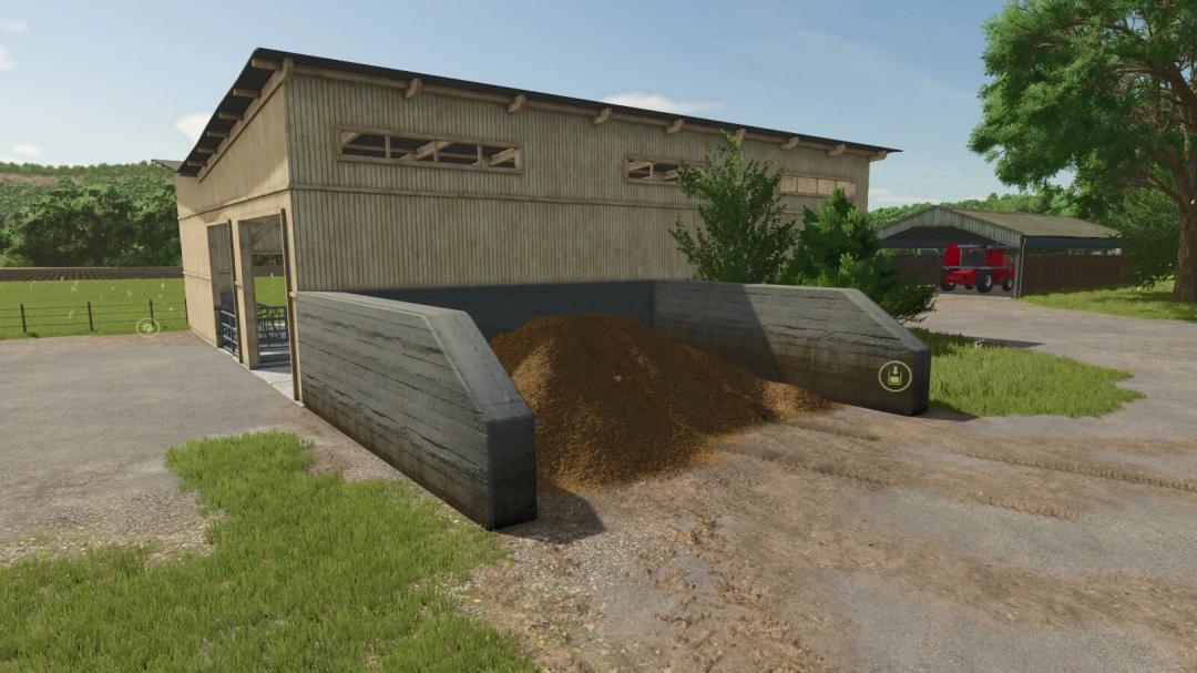 FS25 mod Old Manure Heap v1.0.0.0 showing a manure storage area beside a barn.