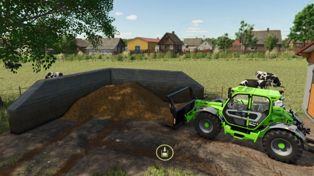 Old Manure Heap mod in FS25 showing a vehicle at a manure pile with cows nearby.