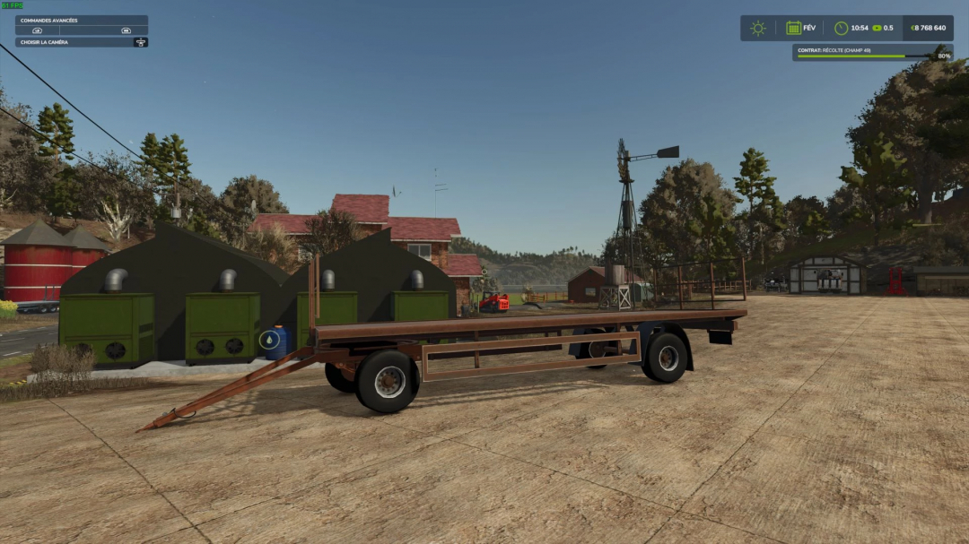 Old bale flatbed trailer mod in FS25 farm setting, showcasing detailed farm equipment.