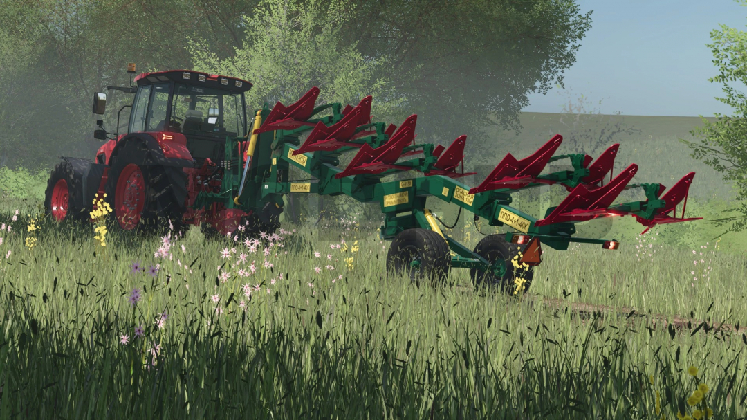 A tractor towing the PPO4+1 plow mod in Farming Simulator 25, set in a verdant field. FS25 mods enhance gameplay realism.