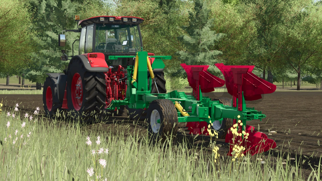 FS25 mod PPO4+1 v1.0.0.0 featuring a tractor with a green and red plow attachment in a field.