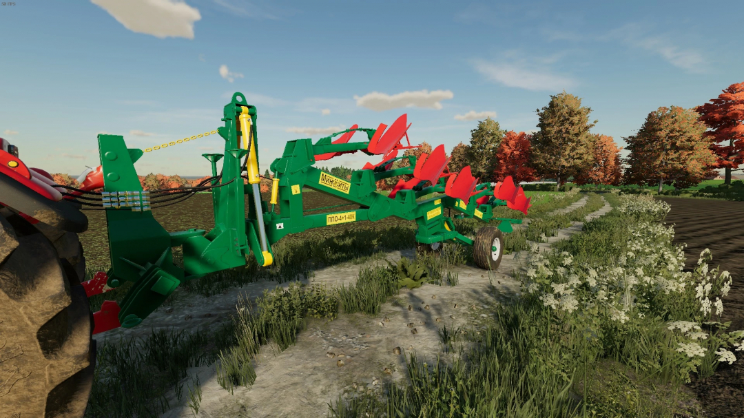 FS22 mod PPO4 V1.0.0.0, green and red plough on a farm path, trees in background