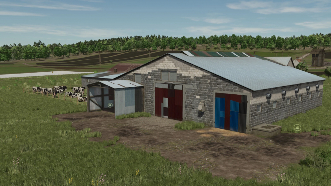 Image of a large cowshed with cows grazing nearby in Farming Simulator 25, part of the Pack Of Large Cowsheds v1.0.0.0 mod.