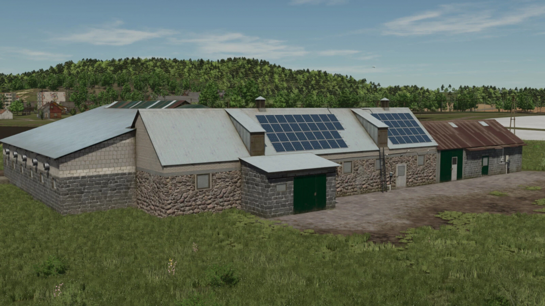 FS25 mods Pack Of Large Cowsheds featuring solar panels and rustic design.