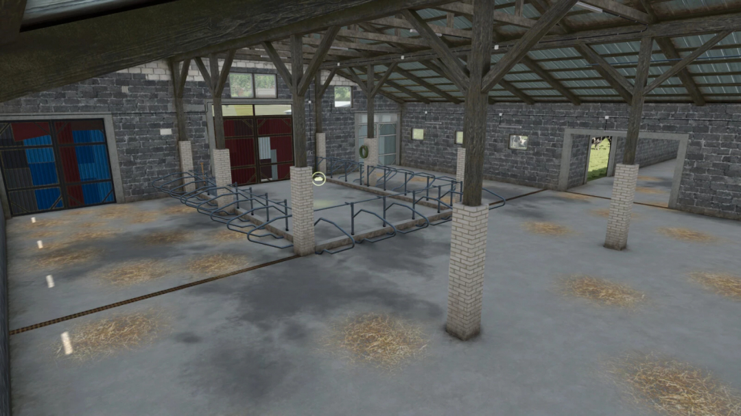 Interior of large cowshed from FS25 mods, Pack Of Large Cowsheds v1.0.0.0, showing spacious stalls and rustic design.