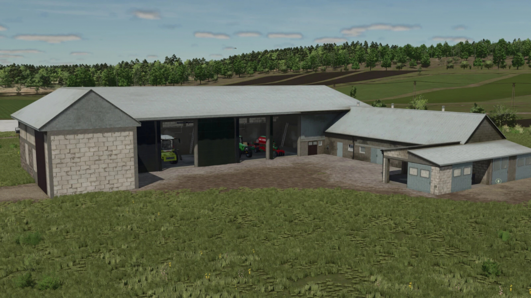 Large cowshed pack mod in FS25 showing a spacious barn with equipment inside, surrounded by fields.