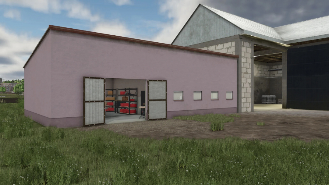 FS25 mod Pack Of Large Cowsheds v1.0.0.0, showing a pink cowshed with open doors and storage inside.