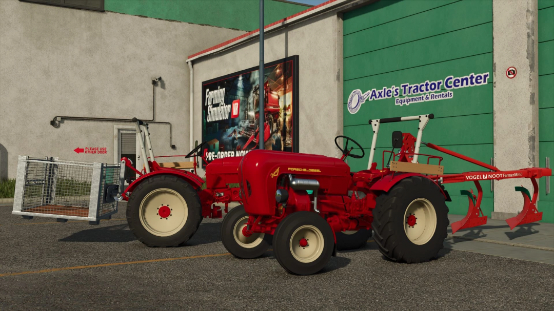 FS25 mod Porsche Junior tractor parked at Axle's Tractor Center in Farming Simulator 25.