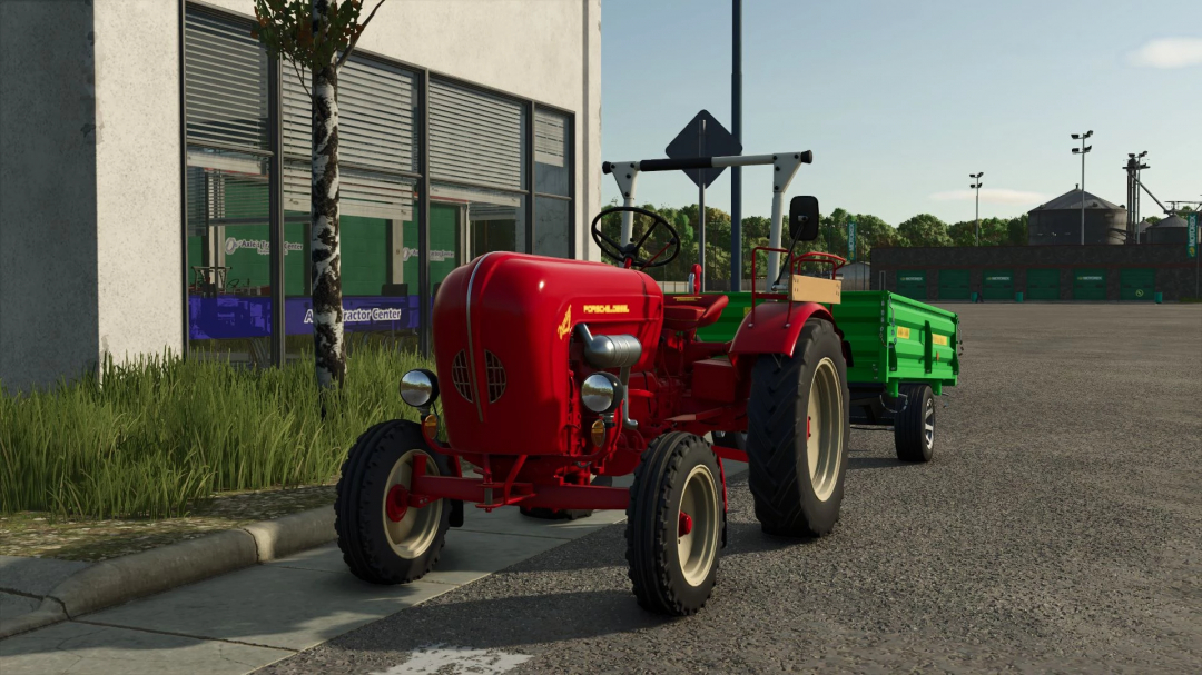 Porsche Junior tractor mod in Farming Simulator 25 with a green trailer attached.