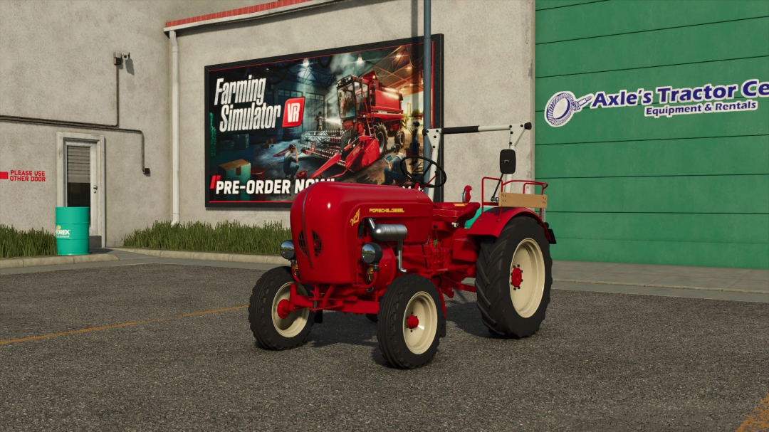 Red Porsche Junior tractor in FS25 outside Axle's Tractor Center, with Farming Simulator 25 VR poster in background.