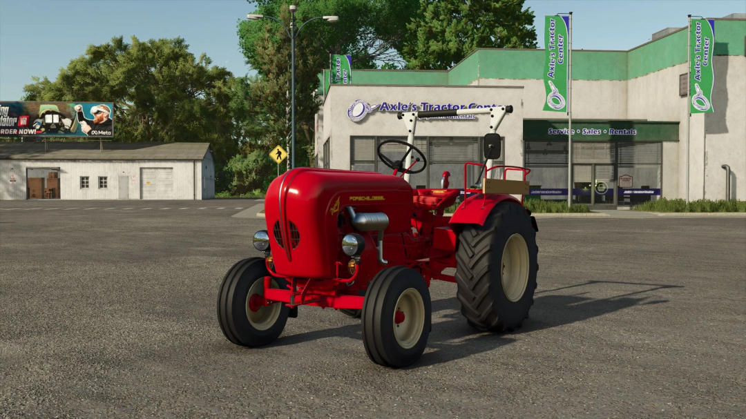 Porsche Junior tractor mod in FS25, displayed in front of Axle's Tractor Center.