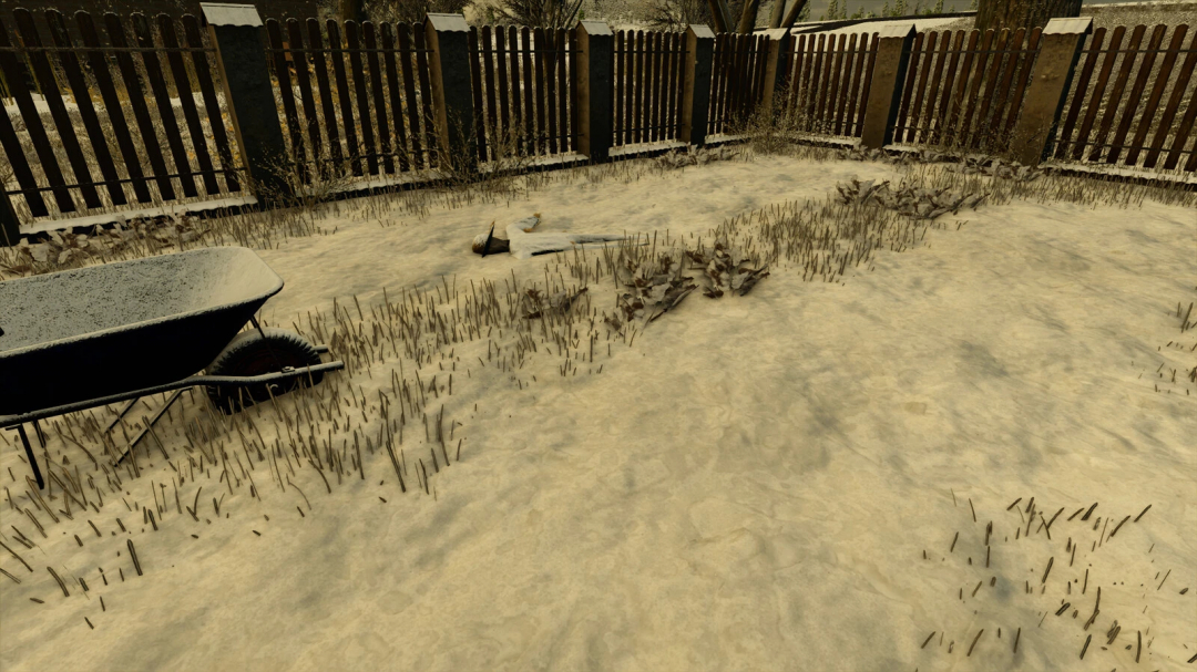 Snow-covered garden with a wheelbarrow and fence in FS25 Rain Gauge mod.