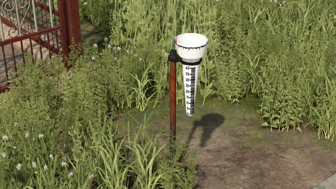 Rain Gauge mod for FS25 seen in a grassy area, enhancing Farming Simulator 25 gameplay.