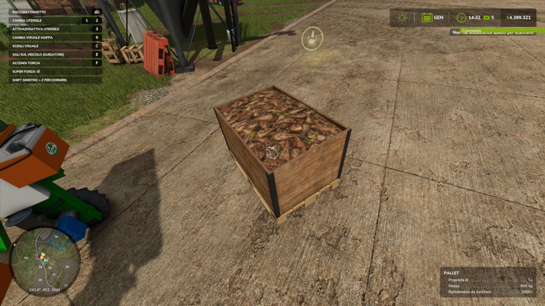 Root crops pallet mod in Farming Simulator 25 showcasing a filled wooden pallet with root vegetables on a concrete surface.