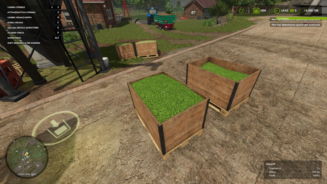 FS25 mod Root crops pallet v1.1.0.0 showing wooden pallets filled with green crops on a farm.