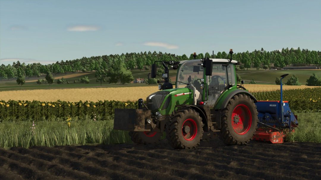 Tractor in FS25 uses Selfmade Concrete Weight mod for fieldwork. Farming Simulator 25 mods enhance gameplay.