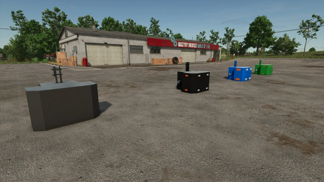 Concrete weights in various colors on a lot in FS25 Selfmade Concrete Weight mod.