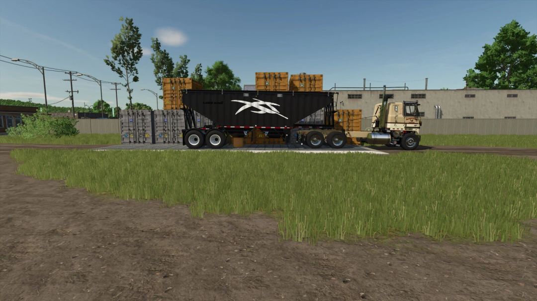 FS25 mod Sell Everything v1.0.0.0 trailer with containers on grassy field