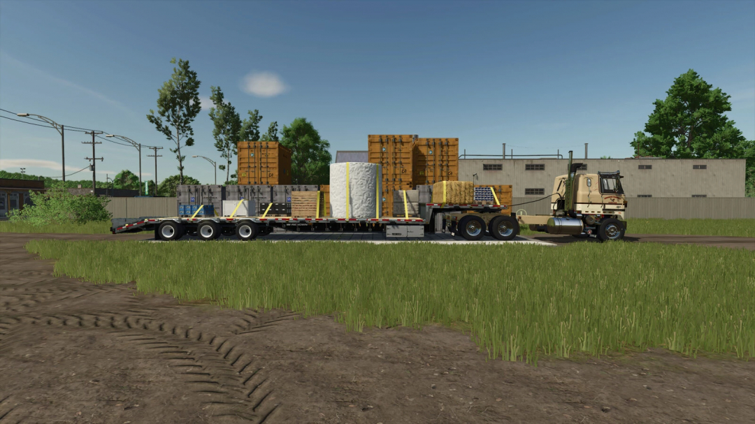 FS25 mod Sell Everything v1.0.0.0: truck and trailer with various goods for sale, set in a farm environment.