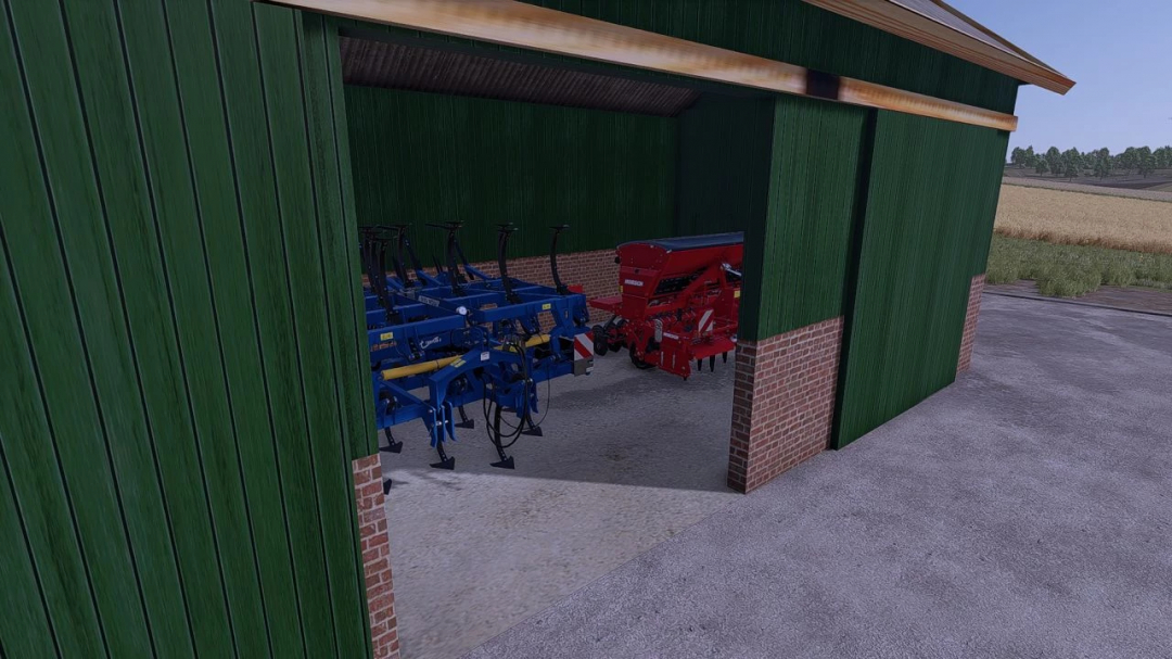 FS25 mod Shelter v1.0.0.0 showing a green farm building storing blue and red agricultural machinery.