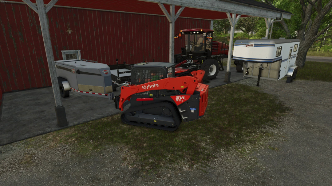 Skid Steer with Bumper Hitch Adapter in FS25 mod near a barn.