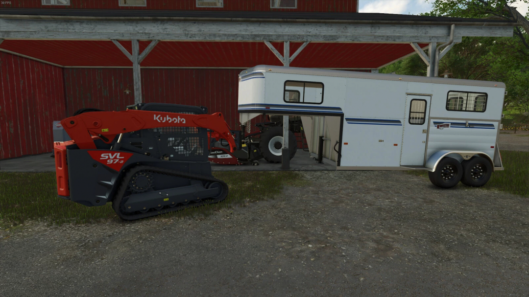 FS25 Skid Steer Bumper Hitch Adapter mod displaying a skid steer attached to a trailer in a farm setting.