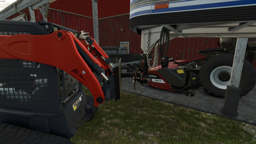 FS25 mod Skid Steer Bumper Hitch Adapter attached to a mower in Farming Simulator 25.