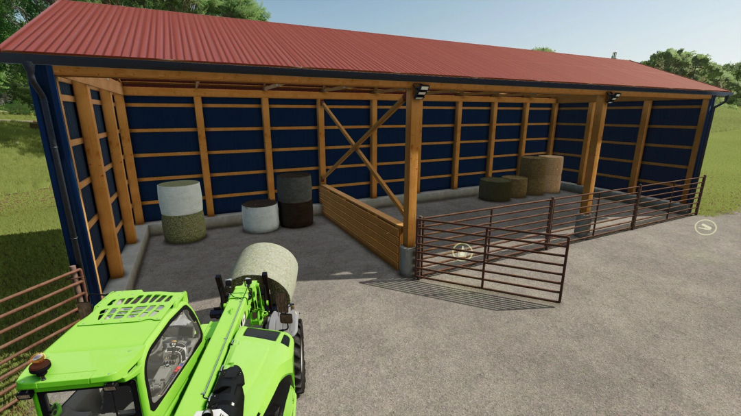  FS25 mod Small Machine And Bale Shed with round bales inside and a green tractor in Farming Simulator 25.