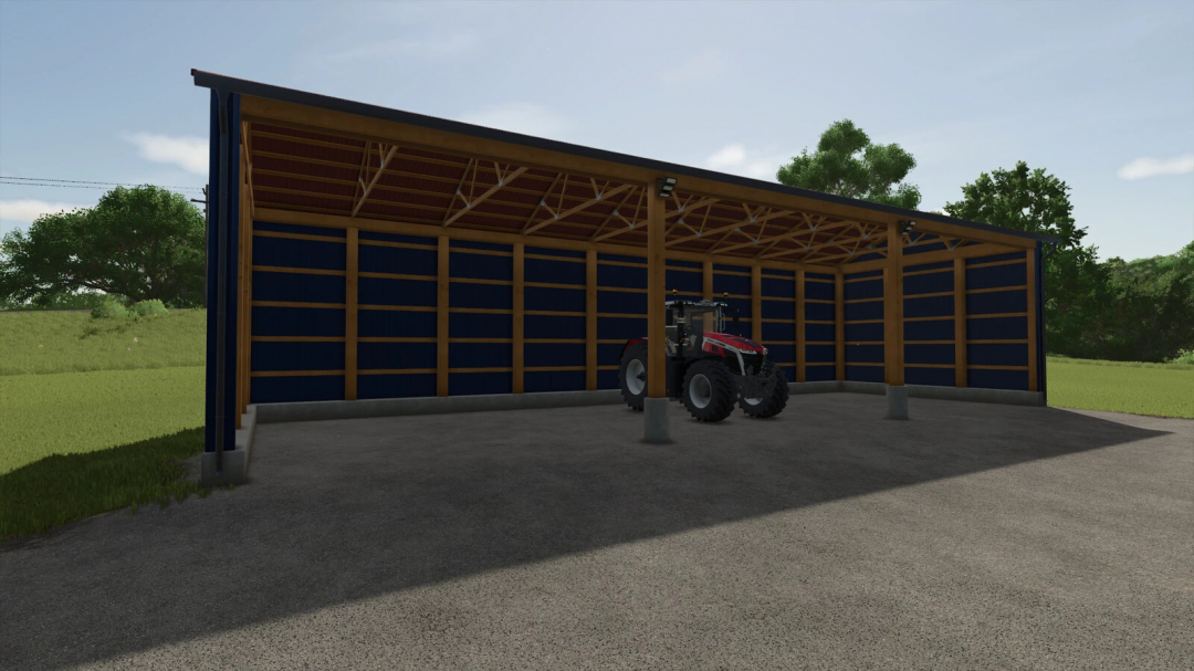 Farming Simulator 25 mod Small Machine And Bale Shed v1.0.0.0 with a tractor inside.